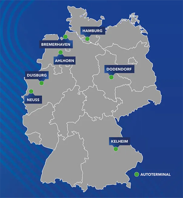 Deutschland Illustriert, markierte Standorten: Hamburg, Dodendorf, Ahlhorn, Bremerhaven, Duisburg, Neuss, Kelheim (Foto)