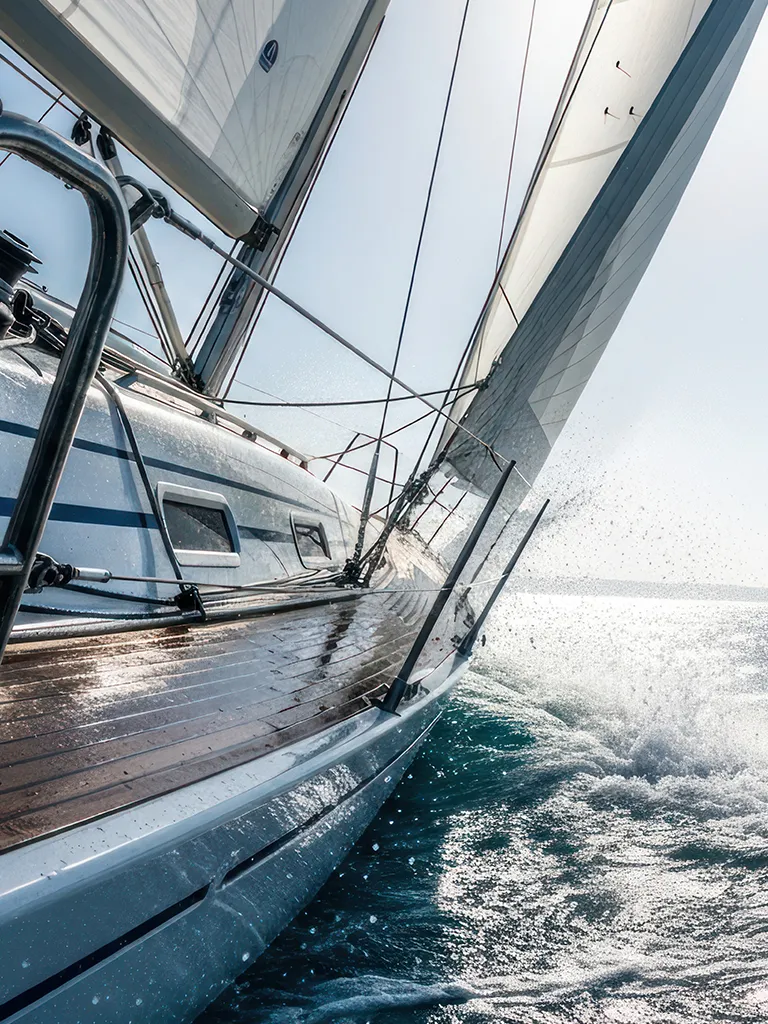 Bow of a boat on the water under a clear sky, landscape format (Photo)